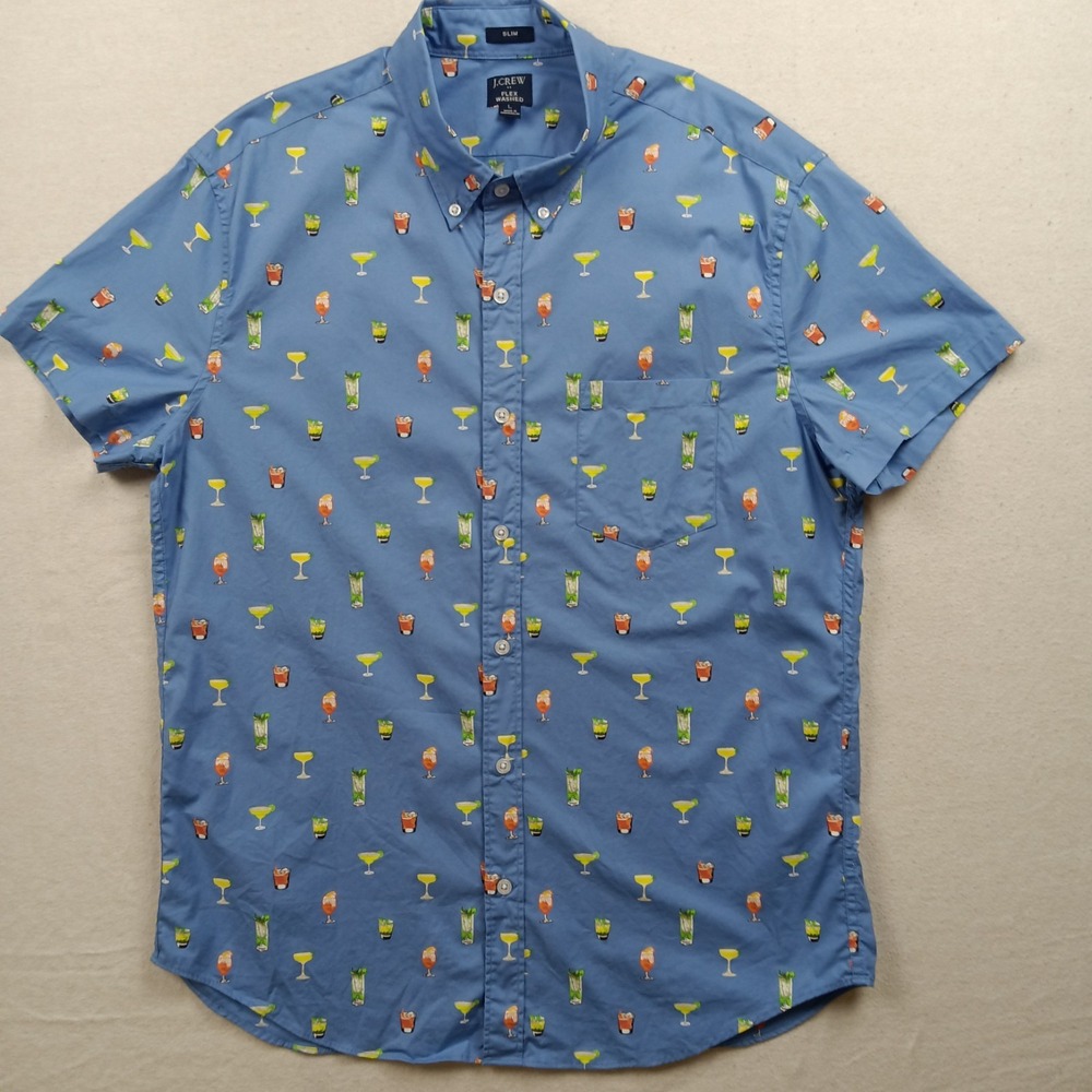 J.Crew Men's Short Sleeve Shirt All Over Print Cocktails Hawaiian – Size L